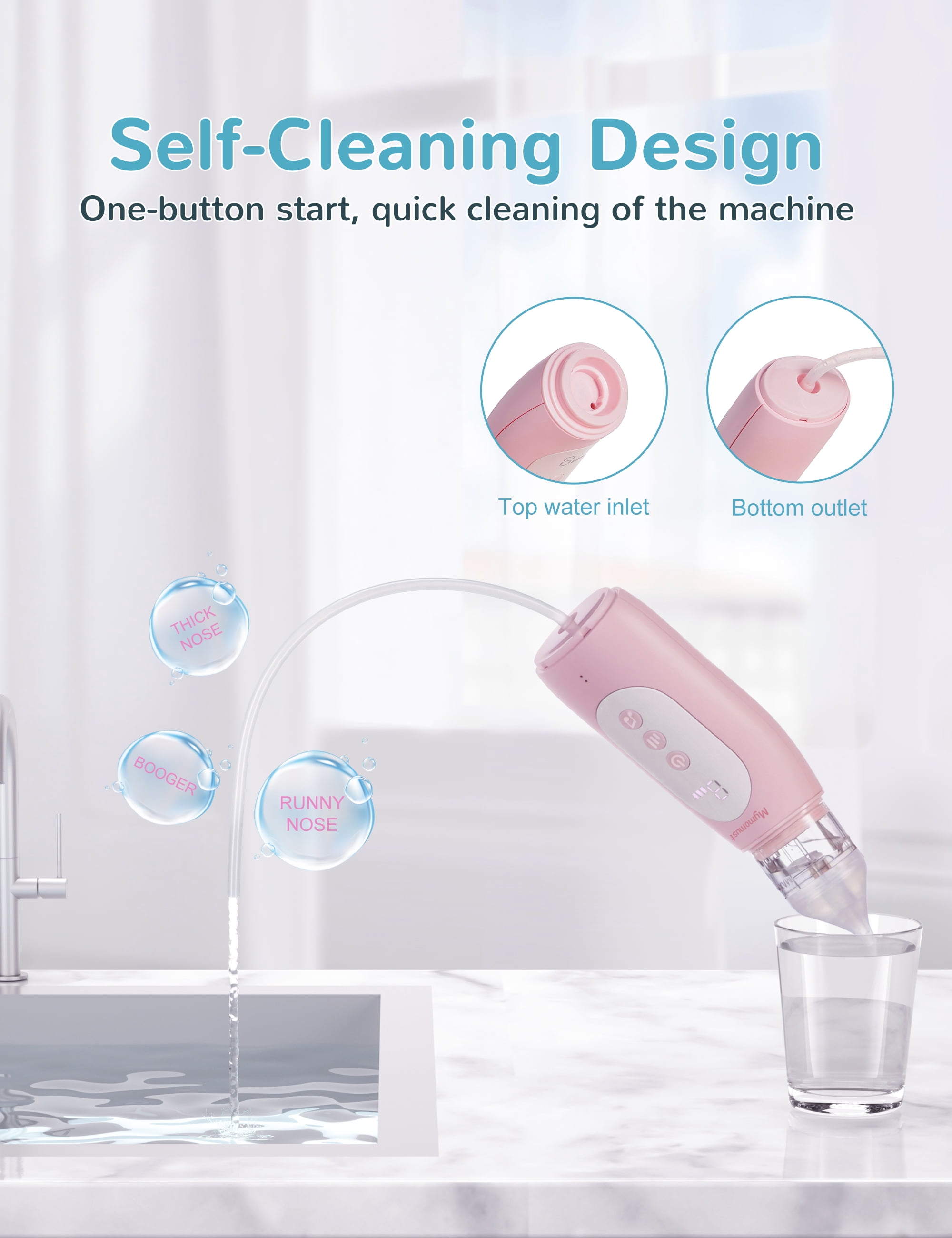 Mymomust Nasal Aspirator for Baby Electric Nose Sucker Self-Cleaning Nose Cleaner with 3 Suction Levels & Music & Colorful Lights Soothing Function Rechargeable Portable Baby Nasal Aspirator, Pink