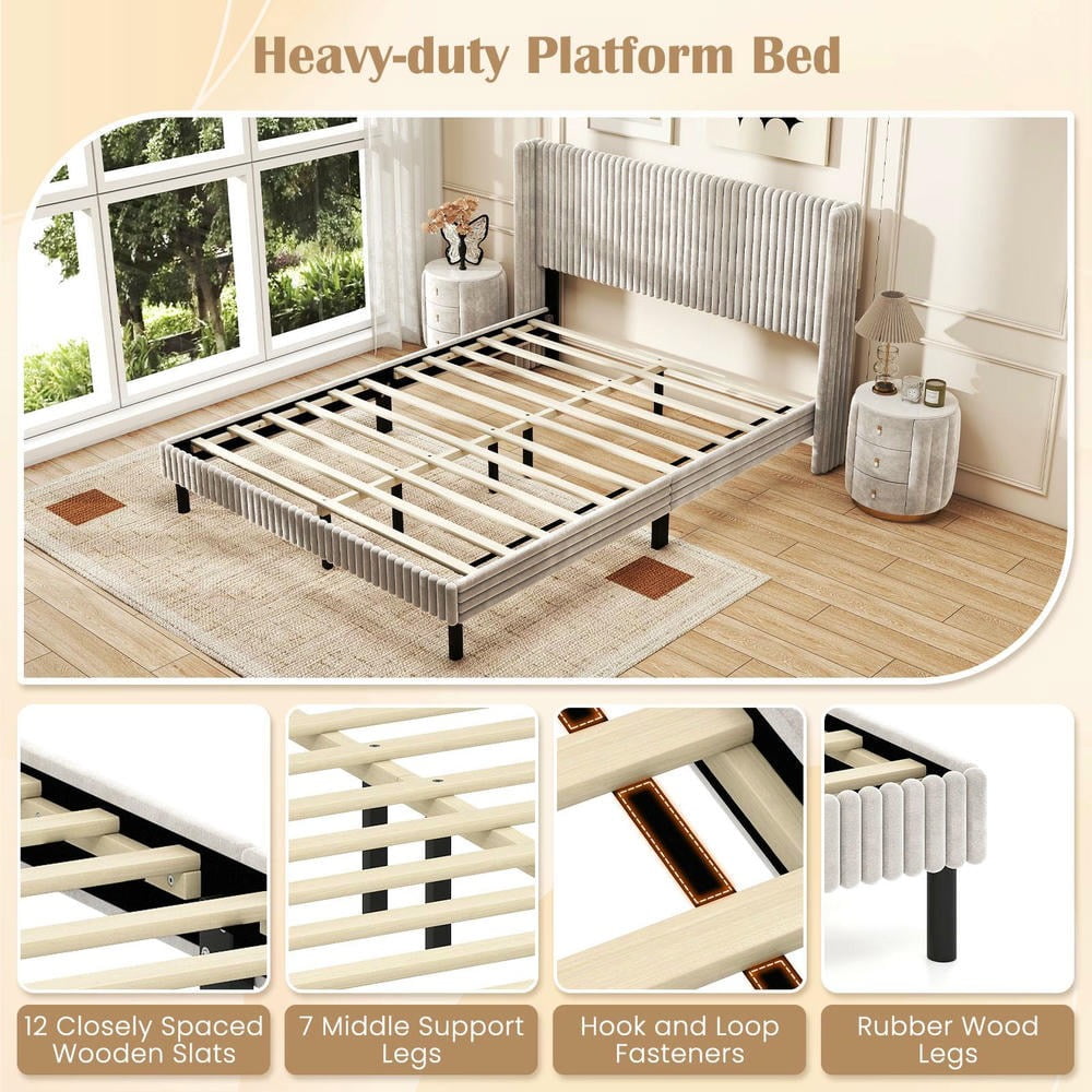 Barara King Queen Size Velvet Bedroom Bed Frame with Vertical Channel Tufted Wingback Headboard, Bed Platform Frame for Apartment, Bedroom, White