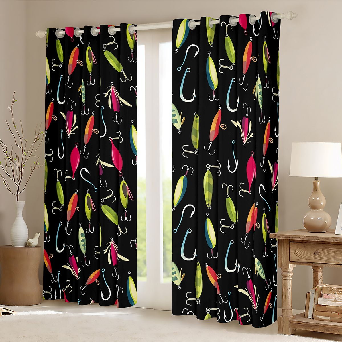Feelyou Cartoon Pike Fish Curtains Pack of 2 (42x84 Each), Rustic Fishing Hook Curtains Blackout, Teens Kids Boys Girls Bedroom Curtains, Black Out Curtains Decor
