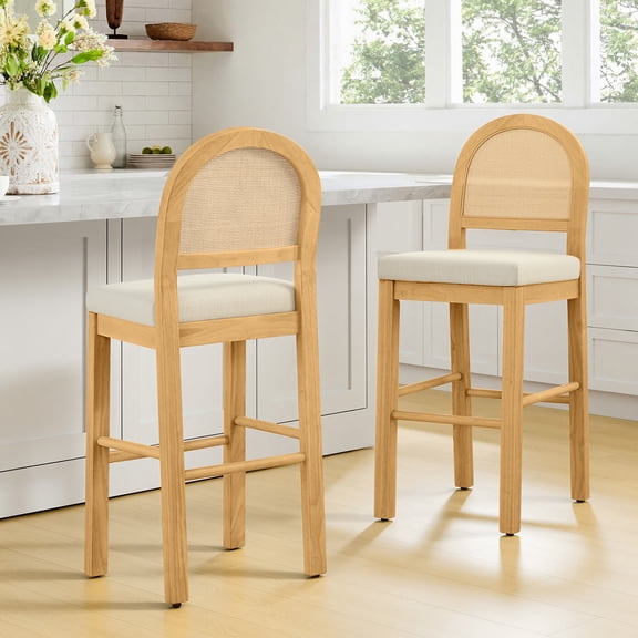 Spruce & Spring 30" Rattan Bar Height Bar Stools Set of 2 with Upholstered Seat, Natural Wood Frame for Kitchen Island, Cream Fabric