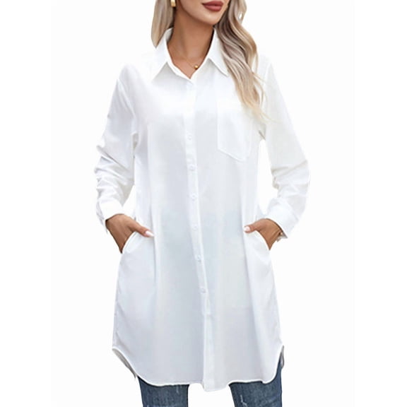 Women's Casual Button Down Shirts Long Sleeve Oversize Blouse Loose Shirt Dress with Side Pockets White M
