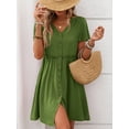 thumbnail image 5 of Women A Line Dress Bamboo Cotton V Neck Short Sleeve Summer Mid Length Loose Fit, 5 of 7