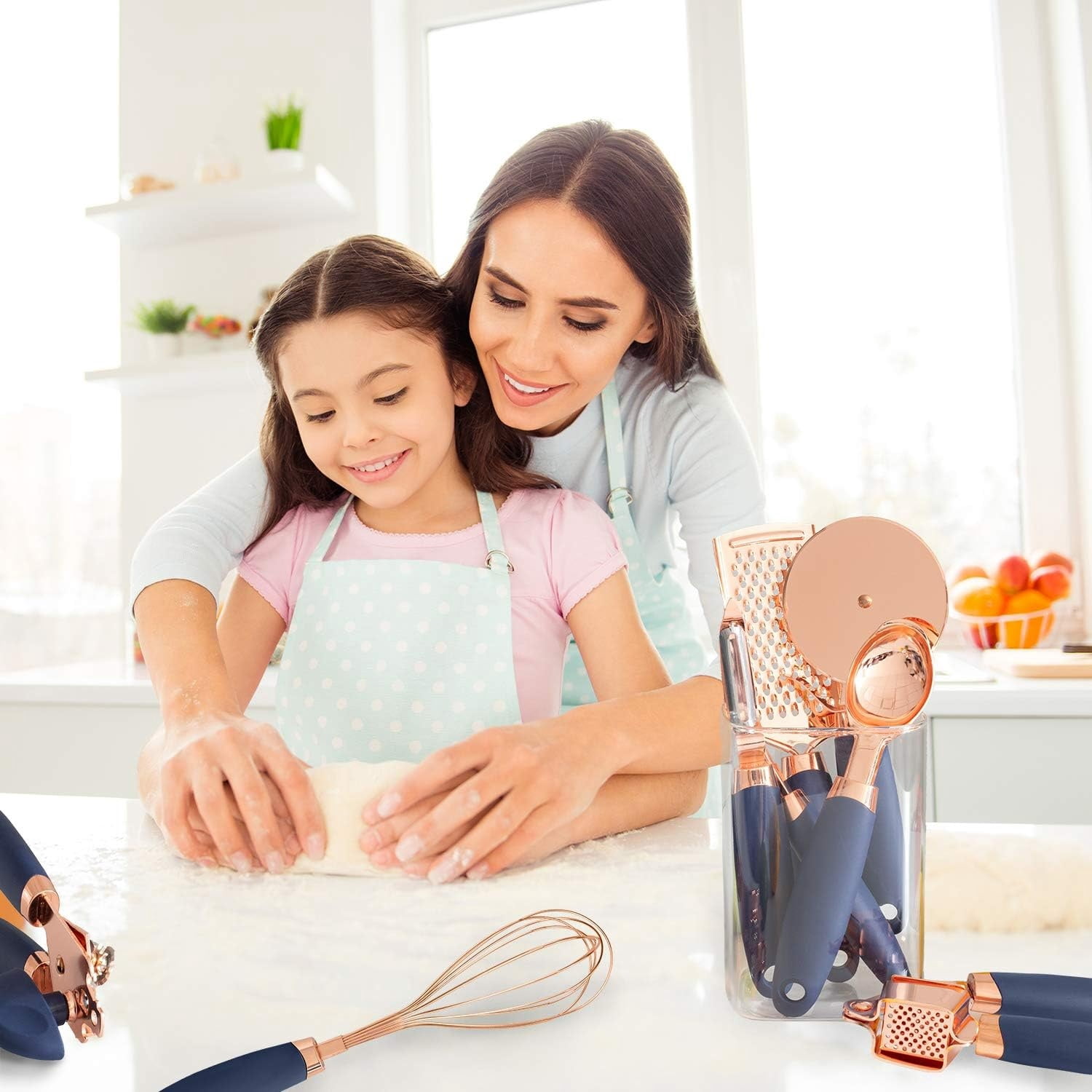 COOK WITH COLOR Kitchen Utensils Set, 7-Piece Stainless Steel Utensils with Soft Touch Handles, Copper Navy