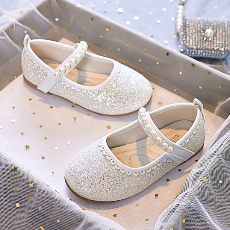 SGMVNU Girls' Glitter Dress Shoes Pearls Ankle Strap Mary Jane Ballet Dress Sandals Wedding Party Flower Girl Shoes Red Size 9.5-10 Years