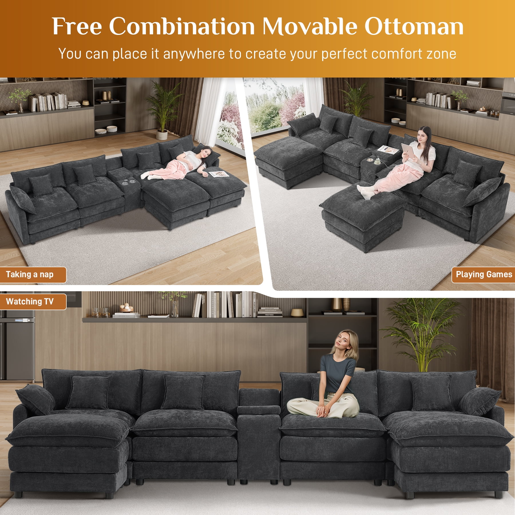 Wiilayok 145" U Shaped Sectional Sofa,Chenille Cloud Modular Sectional Sofa Couch Set with Double Chaise,Central Console,Cup Holder for Living Room,Black