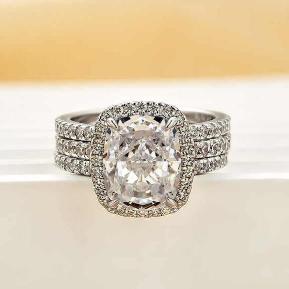 Veda Jewel 2.6 Ct Cushion Cut Lab Created Diamond Ring - Halo Trio Set for Women - 14K White Gold Plated Wedding Engagement Rings for Her - Romantic Jewelry Gift for Wife or Anniversary