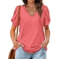 thumbnail image 1 of Camiseta de manga soplada para mujer, blusa de manga corta con cuello en V, informal, holgada, de Color puro, para citas, 1 of 5