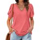 thumbnail image 1 of Camiseta de manga soplada para mujer, blusa de manga corta con cuello en V, informal, holgada, de Color puro, para citas, 1 of 5