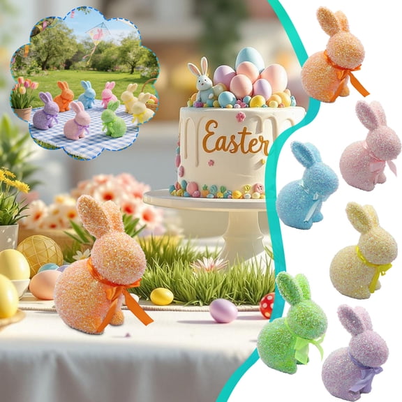 Beautynvta Easter Decoration, Glitter Bunny Figurines with Bow Ties, Mini Foam Rabbit Statue for Easter Centerpieces, Spring Home Tabletop Shelf Decor, 7.3''x5.12''x9.25''