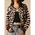 thumbnail image 4 of Women's Leopard Print Striped Patchwork Button Front Cropped Knit Cardigan Dark Brown M, 4 of 10