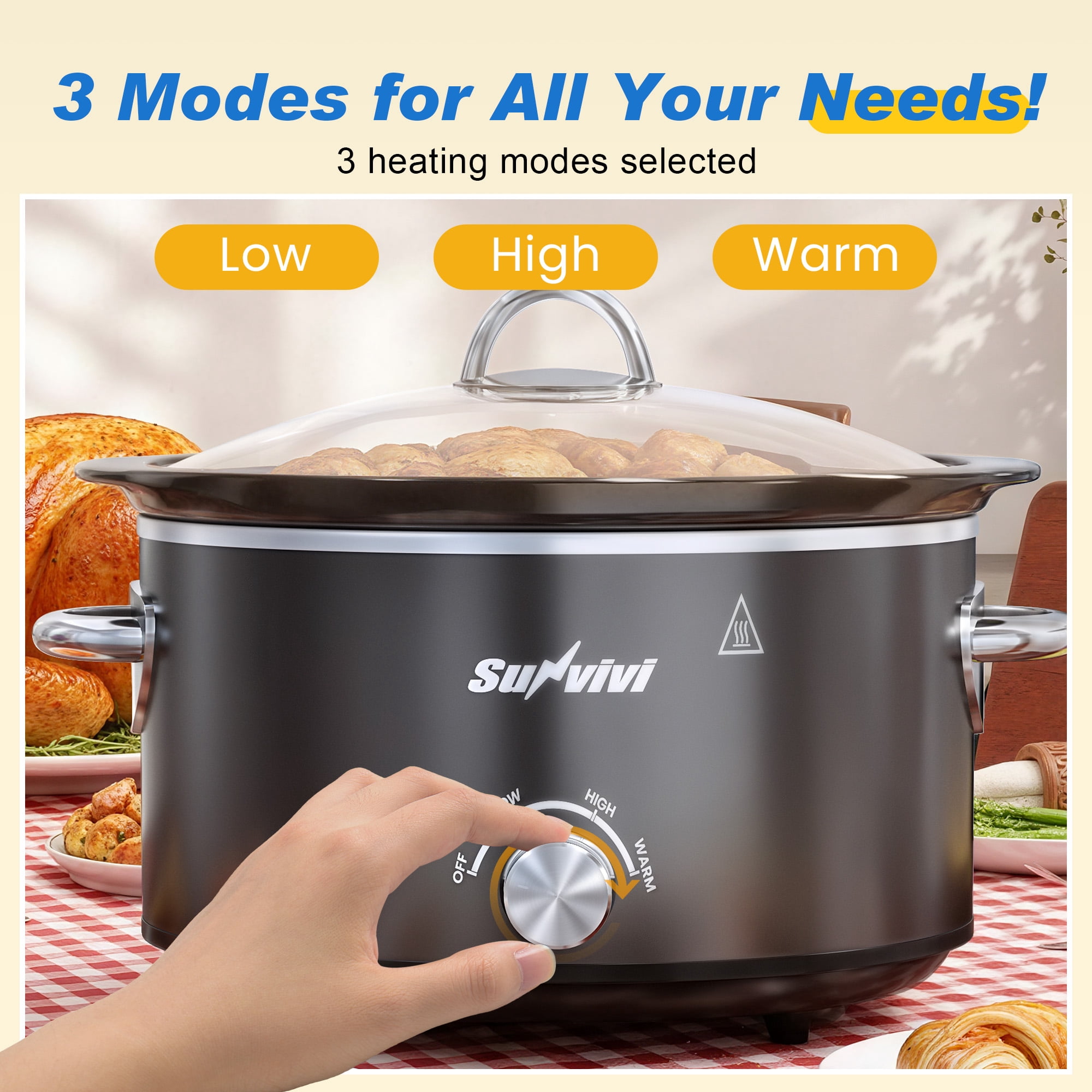 SUNVIVI Small Slow Cooker 4QT, Mini Food Warmer with 3 Heating Settings, Removable Ceramic Pot, Dishwasher Safe Glass Lid, Stainless Steel