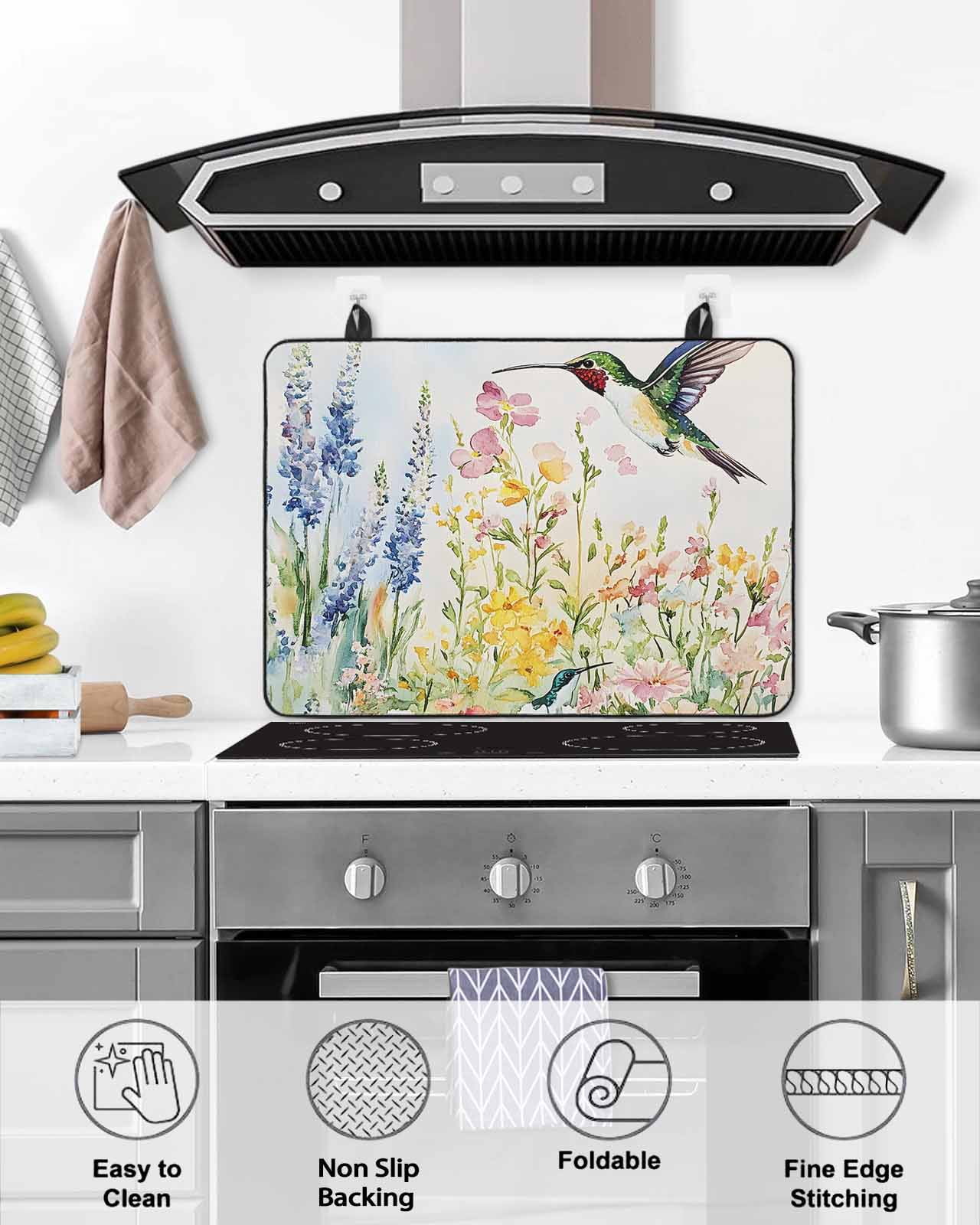 nqOlkjepod Large Induction Cooktop Protector Mat 36"x21", Floral Hummingbird Stove Top Covers for Electric Stove, Spring Watercolor Flowers Decorative Stove Burner Cover Mats, Glass Top Stove Cover