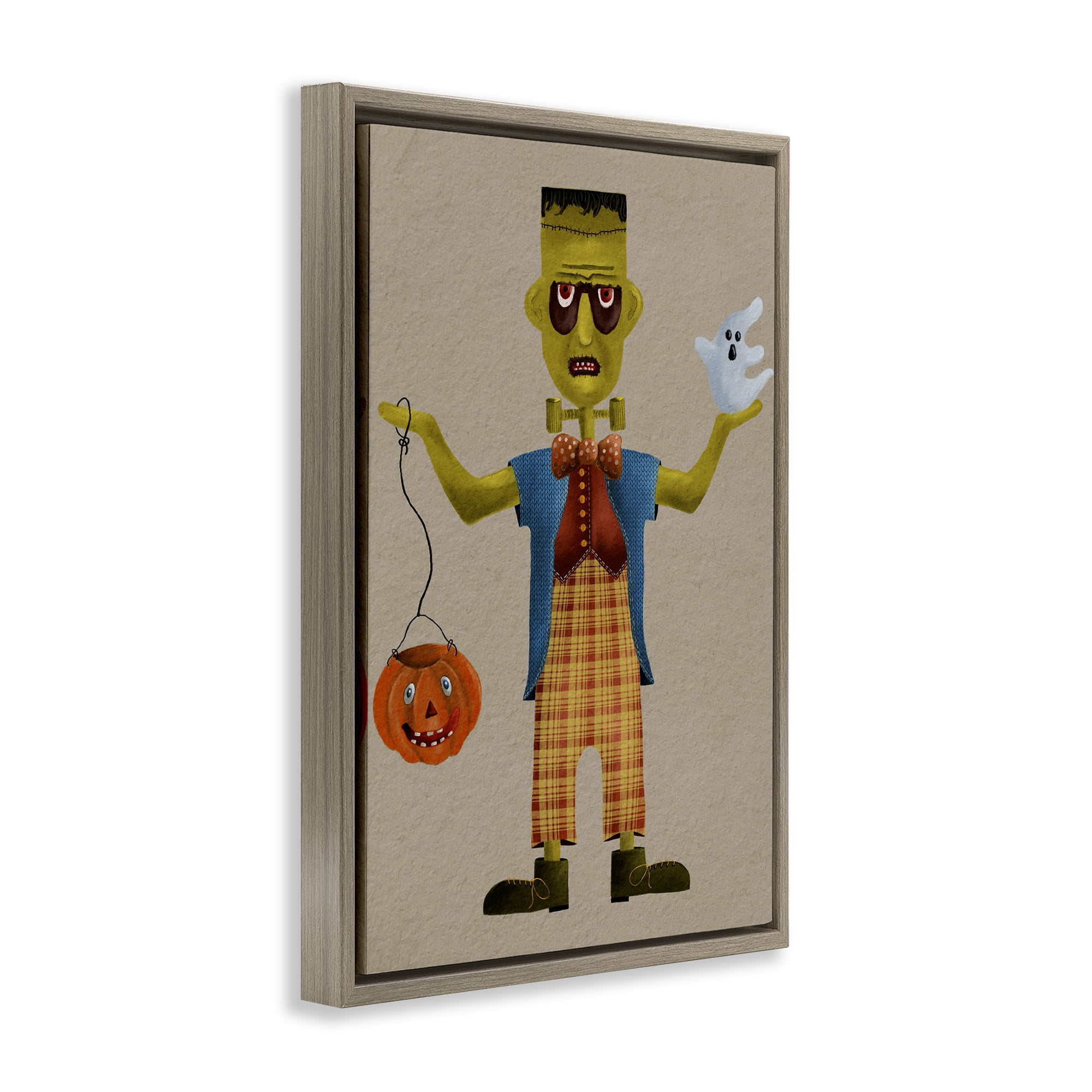 Stupell Industries Halloween Monster & Ghost Holiday Painting Brown Floater Framed Art Print Wall Art, 21 x 31