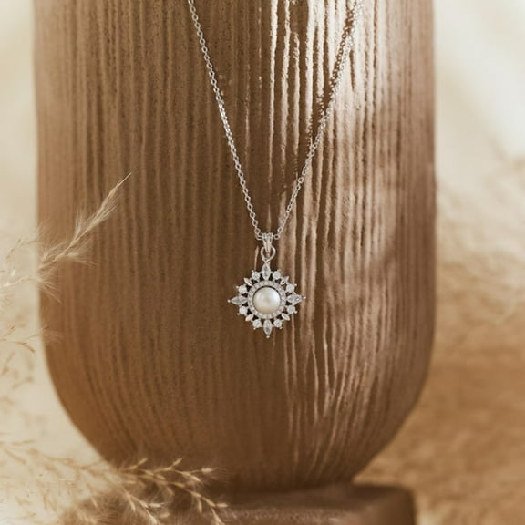 Freshwater Pearl Halo Pendant Necklace in 925 Sterling Silver – Bridal Pearl & Diamond Necklace for Women – Elegant Wedding Jewelry