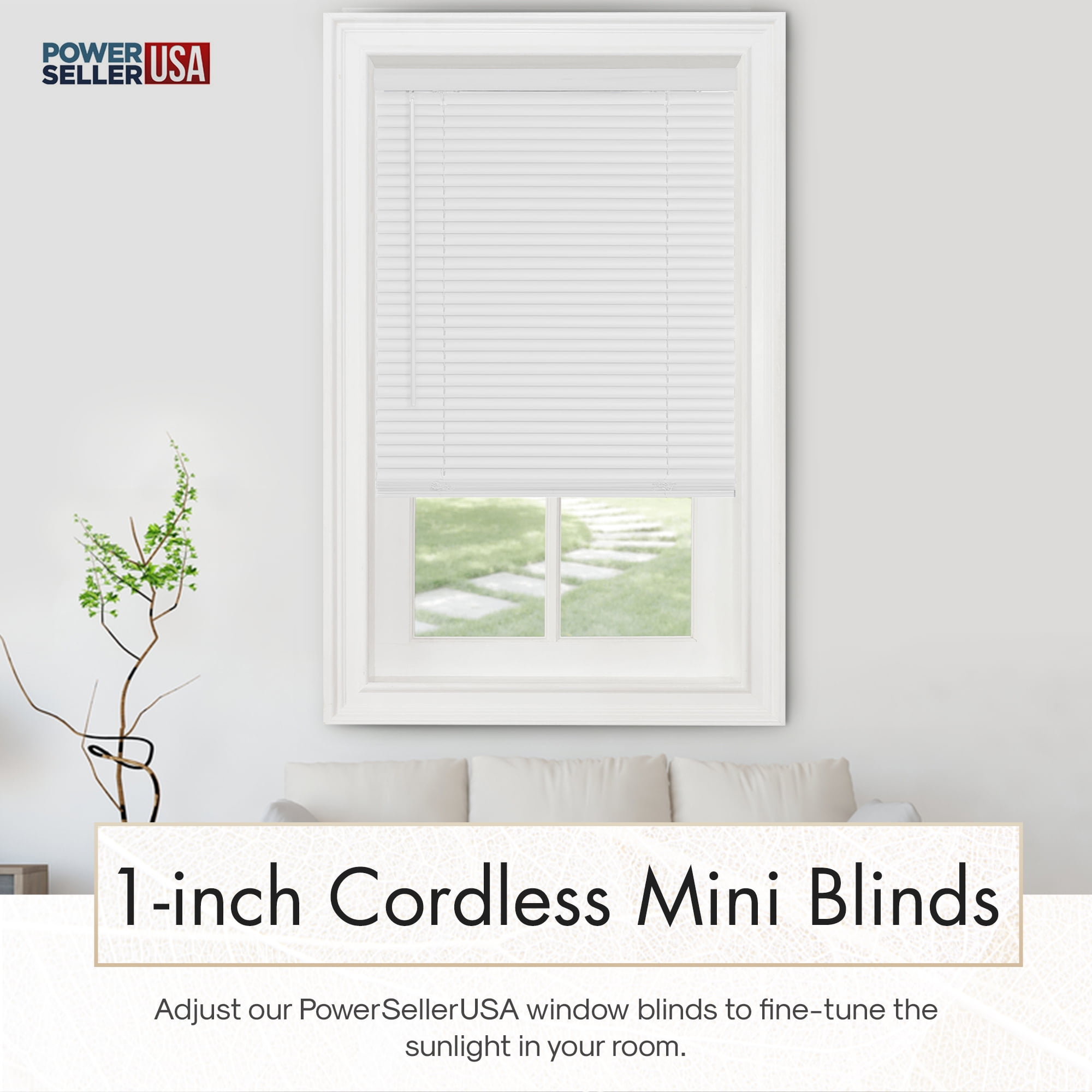 PowerSellerUSA 1" Slats Cordless Window Blinds, 64L x 42W Inches Solid Pattern Light Filtering Vinyl Indoor-Outside Ceiling Mount Mini Blind, Manual Cordless Rollup Window Privacy Blinds, White