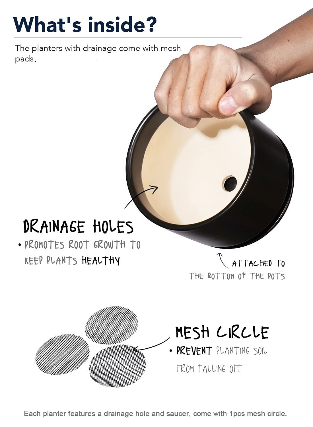 BEMAY Ceramic Plant Pots, 4"+5"+6.8" Flower Pots with Drainage Hole & Saucer, Pack of 3, Black