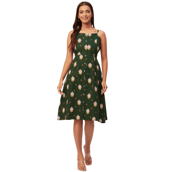 Moomaya Womens Printed Strap Shoulders Dress, Round Neck A-Line Dress