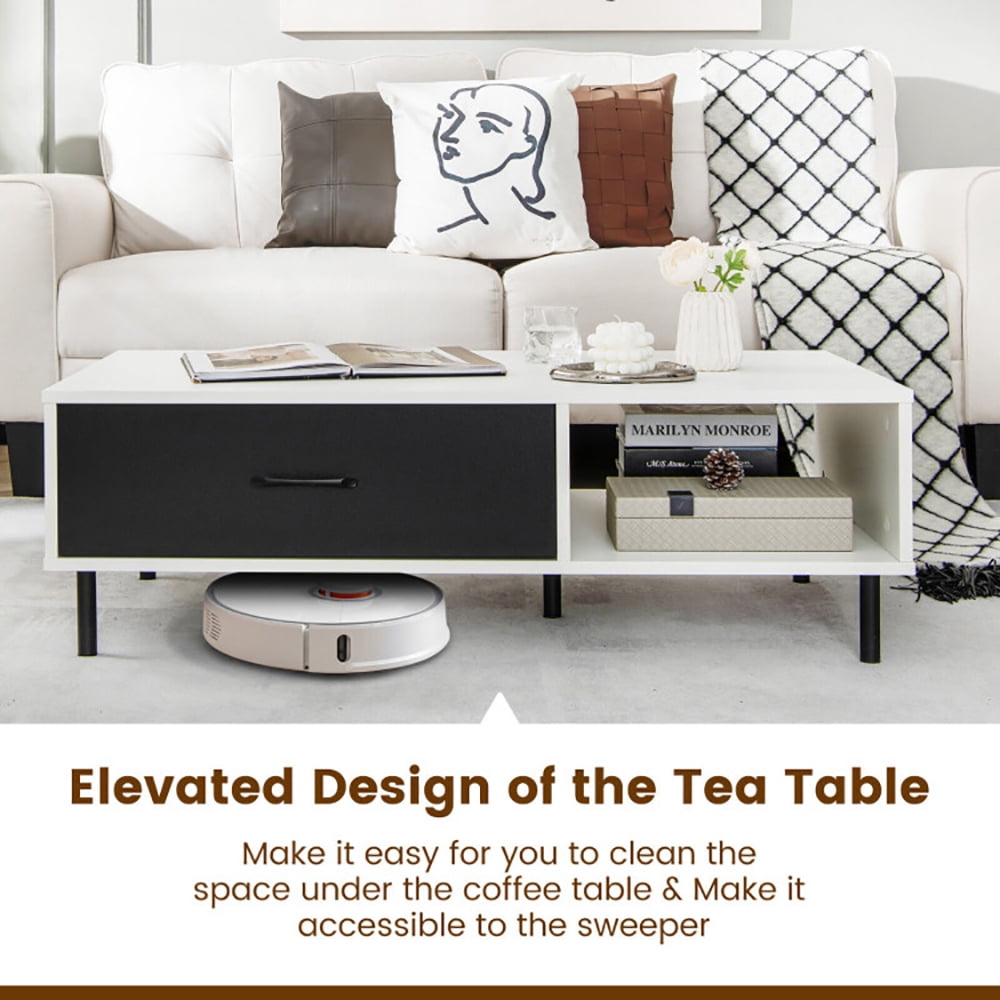 Finihen Coffee Table, Cocktail Table, Modern 2-Tier Coffee Table Accent Cocktail Table with Storage, for Living Room, Reception Room, Office, White Finihen Coffee Table, Cocktail Table, Modern 2-Tier Coffee Table Accent Cocktail Table with Storage, for Living Room, Reception Room, Office, White