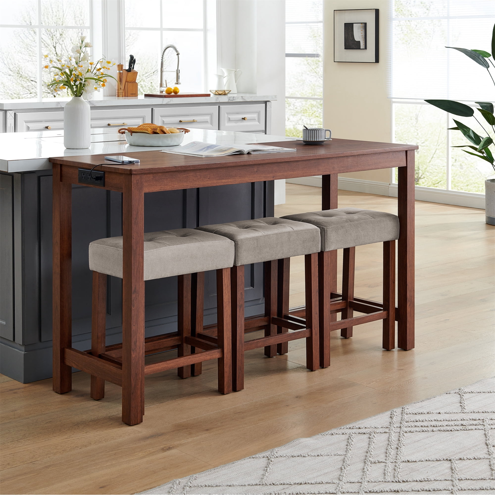 Leumius 4 Piece Bar Table Set with Power Outlet,Rustic Industrial Style Breakfast Table with 3 Padded Stools,Dining Bar Table and Chairs Set for Living Room, Dining Room, Game Room,Cherry