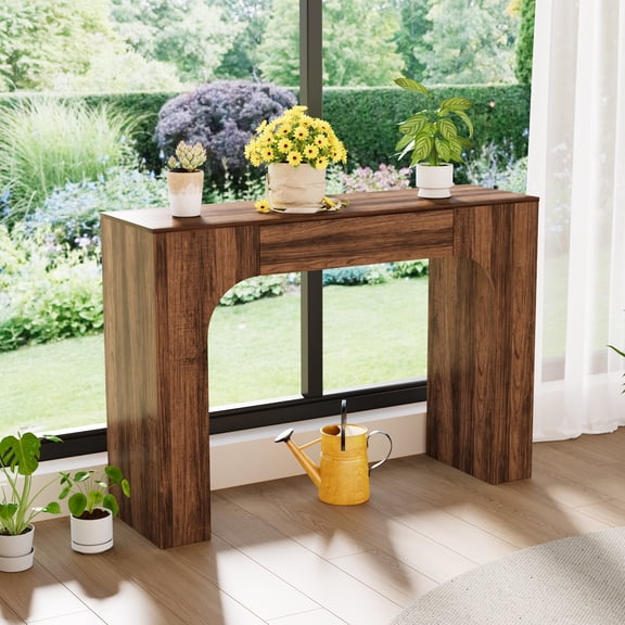 47" Long Narrow Console Table with Drawer, Walnut Wood Sofa Table Behind Couch for Entryway, Hallway or Living Room, Industrial Farmhouse Rectangular Accent Storage Table - 251065 Embossed