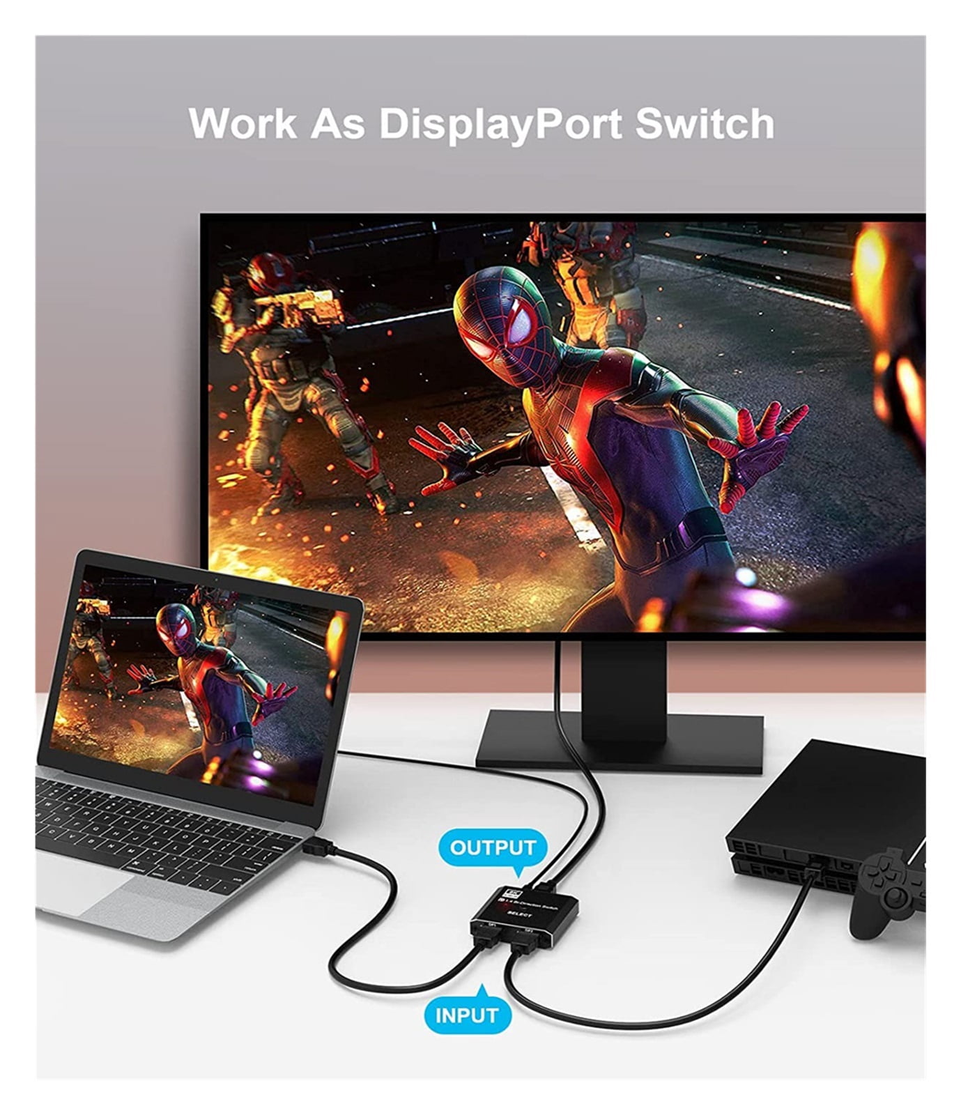 1.4 Switch 8K Displayport Bi-direction Splitter Switcher Displayport KVM 2X1 1X2 Display-port 8K@30Hz,4K@120Hz ,Hd Visual Effect