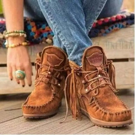 

PEONAVET Merry Christmas Tassel Boots for Women Moccasin Suede Ankle Booties Winter Rome Vintage Fringe Pull-on Mid-Calf Flat Shoes Sunmoot Shoes Christmas Gifts For Women