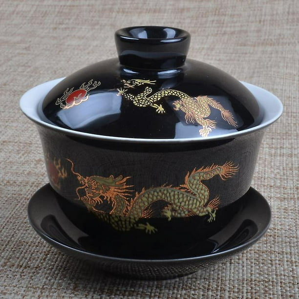 Taza de té y platillo de Porcelana YONGSHENG Kung Fu con tapa diseño de dragón negro
