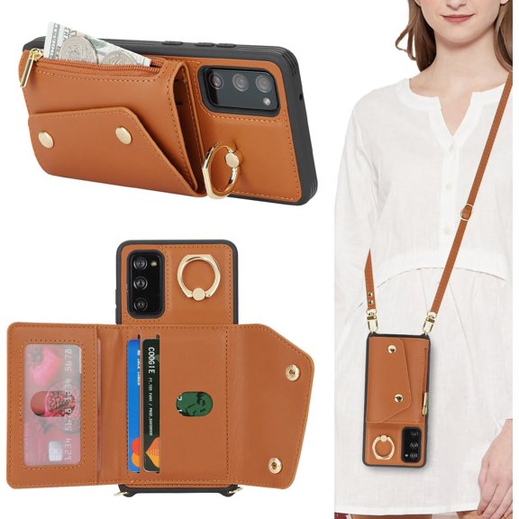for Samsung Galaxy S20 FE Case with Card Holder and Strap - Zipper Pocket,Crossbody Lanyard Strap,Credit Card Holder,Stand Ring,Cute Phone Wallet Case for Women(Brown,6.5 Inch)