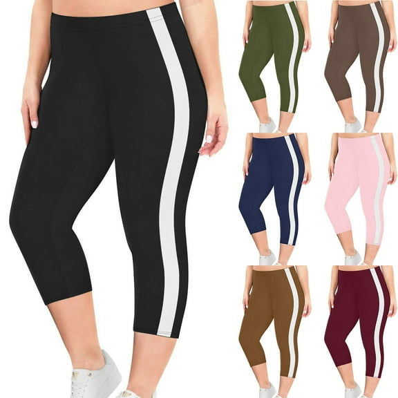 Meichang Plus Size Capri Leggings for Women Elastic High Waist Tummy Control Workout Yoga Pants Side Striped Print Capris Slim Fit Athletic Leggings
