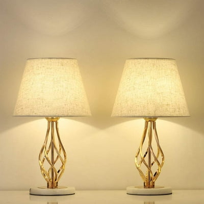 Set di 2 - Lampade per comodino vintage con base in marmo e tessuto in lino, oro