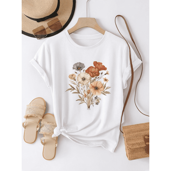 Women's Vintage Wildflower Bouquet Graphic T-Shirt, Crew Neck Short Sleeve Casual Cotton Tee