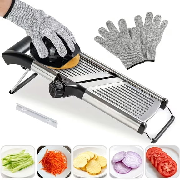 Stainless Steel Food Slicer Adjustable Mandoline for Onion, Potato, Tomato Kitchen Tool with Cut-Resistant Gloves