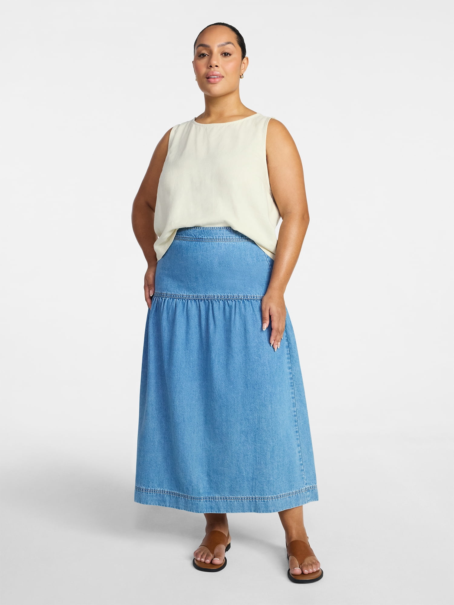 Time and Tru Women's Drapey Denim Midi Skirt, Sizes 0-20