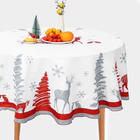 Round Christmas Tablecloth Fabric 60 Inch, Washable Deer and Snowflake Christmas Table Cloth, Red and White Polyester Table Cover