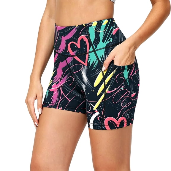 VNKIDY Womens High Waist Yoga Shorts With Fashion Casual Print Side Pockets Stretch For Workout Running Beach Casual Summer Outings Cozy Shorts