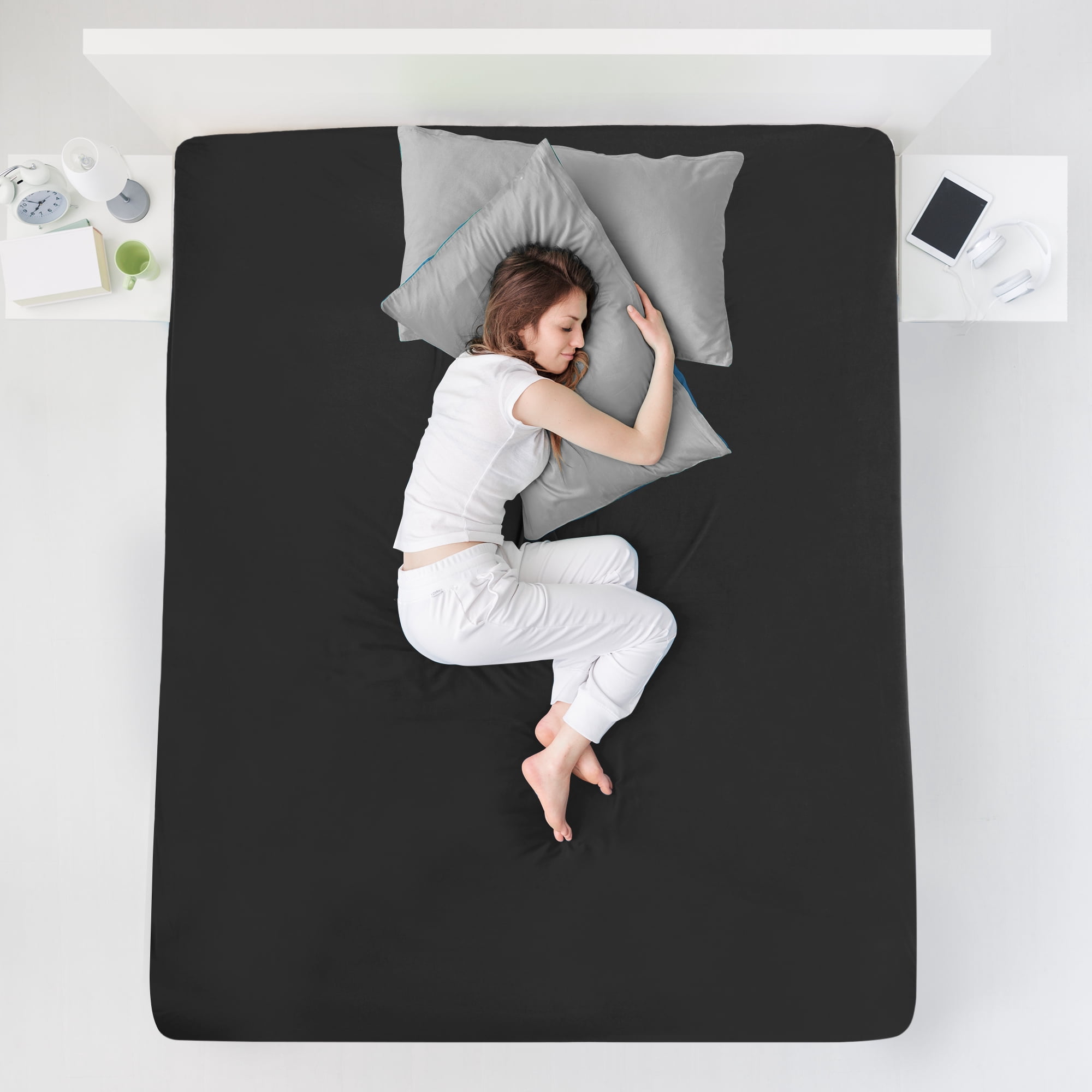Unique Bargains Soft 190GSM Queen 16 Inch Deep Pocket Fitted Sheets Black Twin