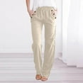 thumbnail image 2 of QATAINLAV Palazzo Pants for Women 2024 Summer Linen Wide Leg Pants Casual Drawstring Solid Trousers Baggy Comfy Elastic Waist Long Pants with Pockets Today's Sales Beige M, 2 of 5