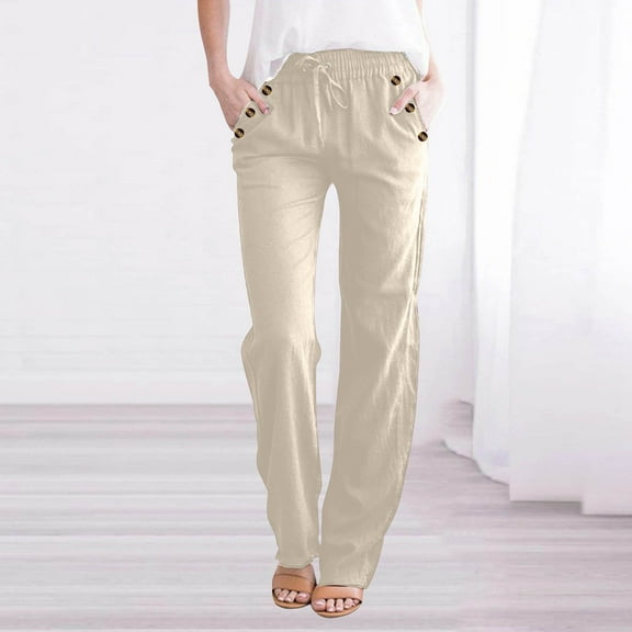 Feimerou Women's Linen Pants for Summer Petite Casual Pants Drawstring Elastic Waisted Straight Leg Trousers Loose Comfy Lounge Pants