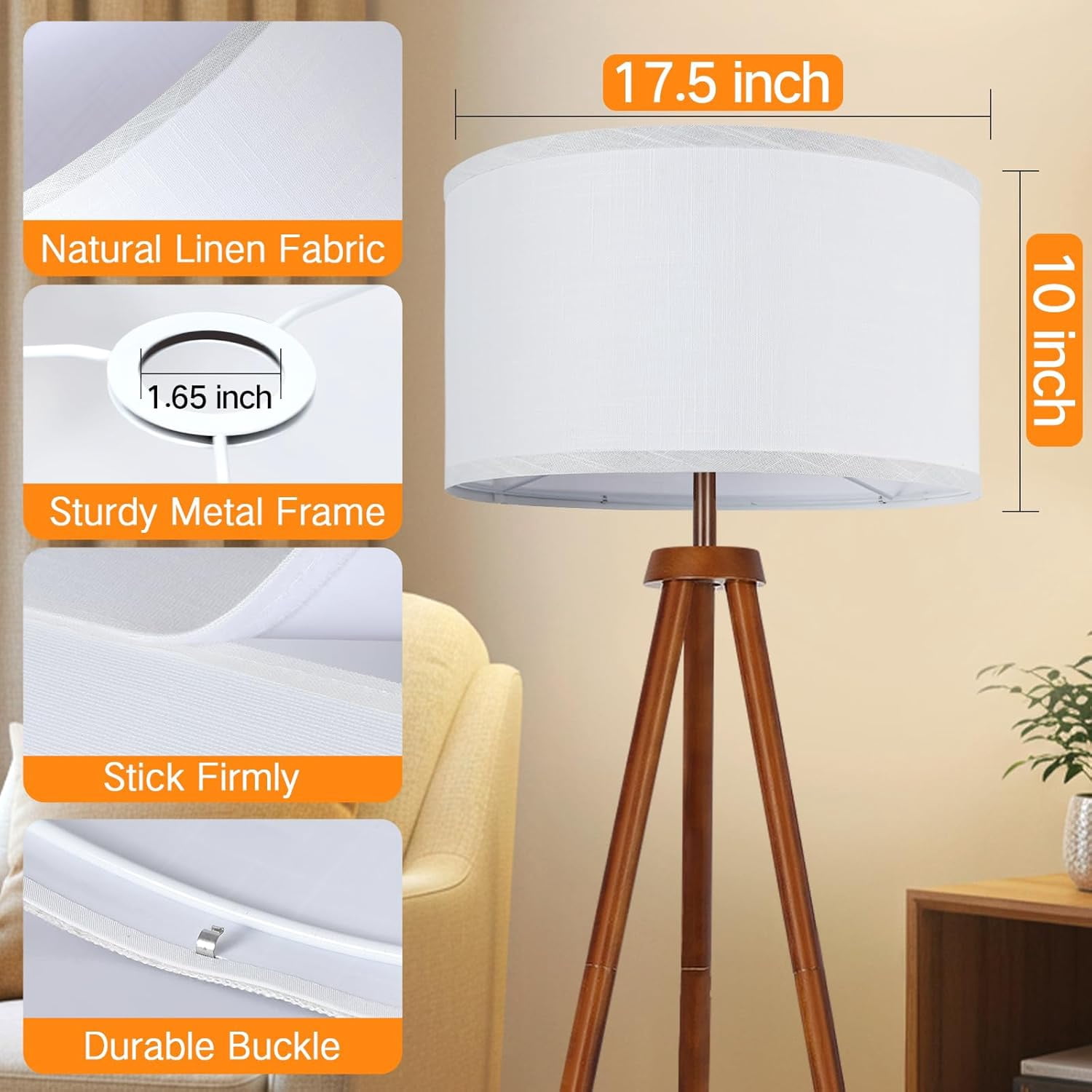 White Large Drum Lamp Shades for Floor Lamps, 17.5" Top x 17.5" Bottom x 10" High, Easy to Assemble, Replacement Linen Lampshades for Table Lamps & Bedside Lamps (1.65" Spider)