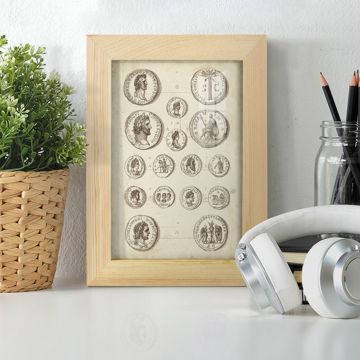 Antique Roman Coins IV -Framed Print w/glass-Natural Wood