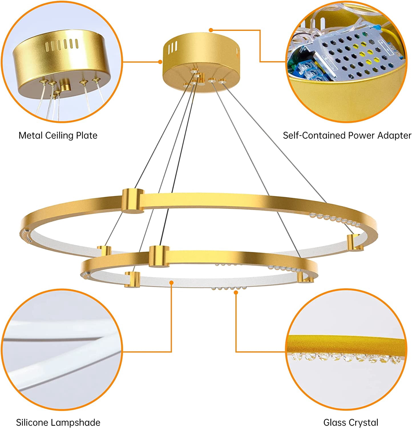 Modern Crystal Rings Chandelier, Contemporary LED Pendant Lighting Fixtures, Designer Double Ring Ceiling Hanging Light for Dining, Living, Bedroom, and Foyer Spaces