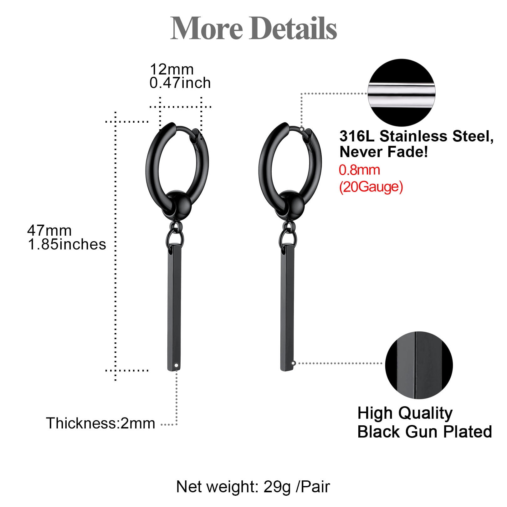 FOCALOOK Black Hoop Earrings for Women Drop Dangle Long Vertical Bar Earrings