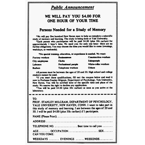 Milgram Experiment, 1963. /Npublic Announcement Asking For Volunteers For A  Memory Study, Who Would Become The Subjects For His Experiment