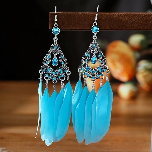 Bohemian Natural Feather Earrings Rhinestone Dangle Earring