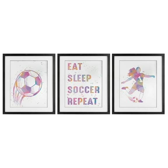 Stupell Industries Minimal Pastel Girl's Soccer 3 Piece Black Framed Print Under Glass Set, design by Marcus Prime, 16 x 13