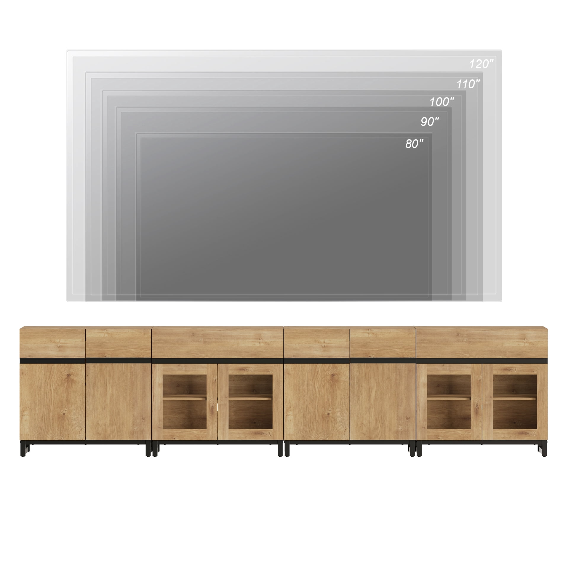 Modern TV Stand For Tvs Up To 120 Inches, 4 In 1 TV Console With Glass Doors And 2 Drawers, Media Console With Adjustable Shelf For Living Room,Oak