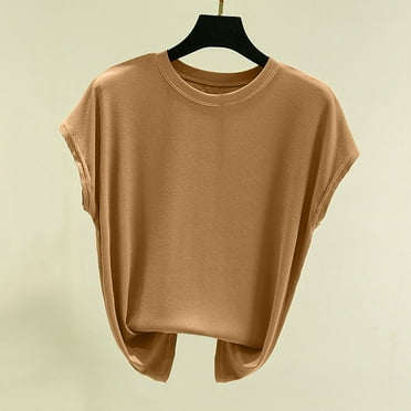 USSUMA Womens Tank Tops Women'S Solid Round Neck Short Sleeved Round Neck Top/Shirt Elegant Breathable Tax Free Weekend Khaki Free Size
