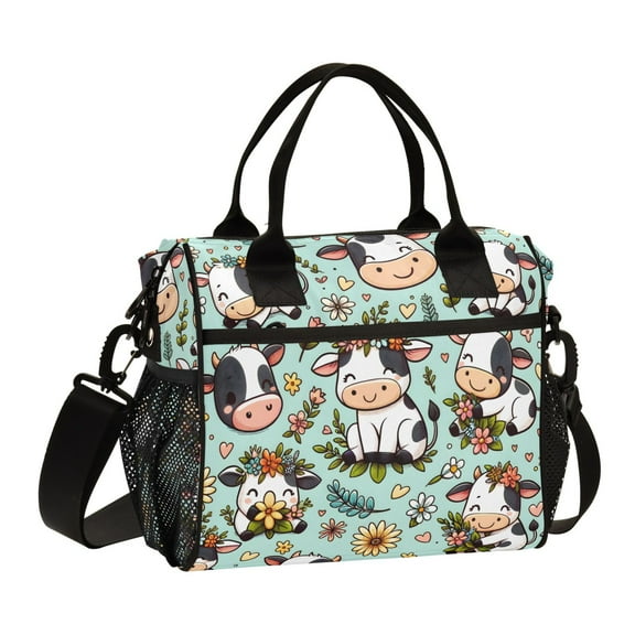 ALAZA Cute Cow with Flower Insulated Lunch Bag Reusable Tote Box Adjustable Shoulder Strap for Work Picnic