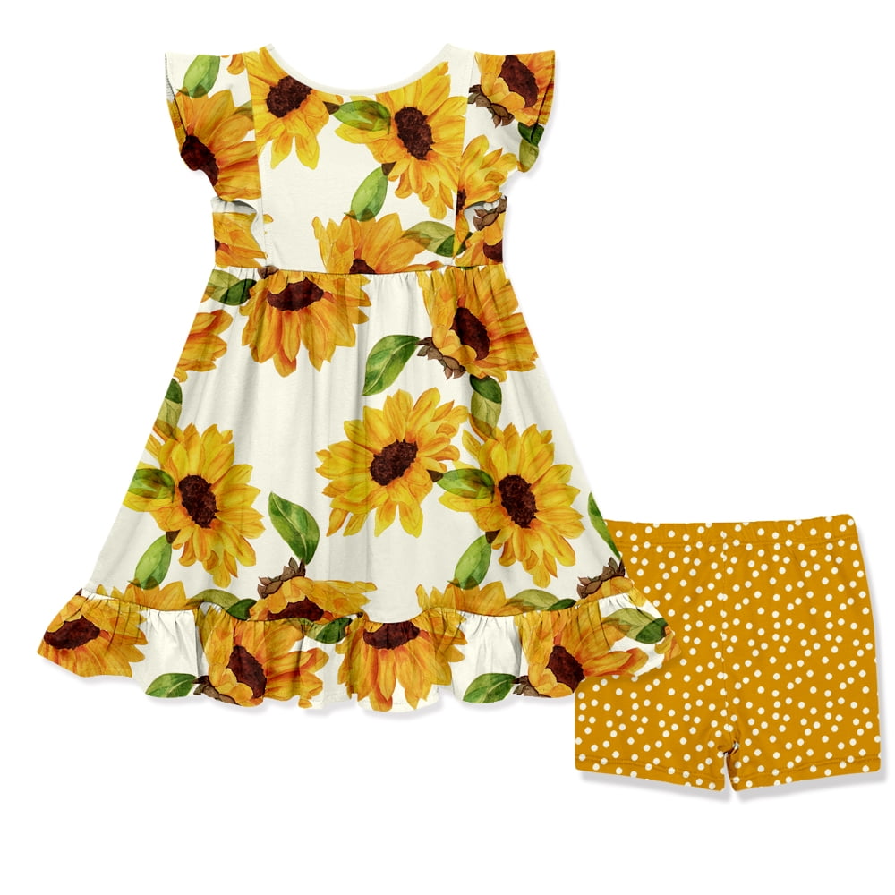 Millie Loves Lily Girls Marigold & Cream Sunflower Angel Sleeve Dress and Matching Short Set,Big Girls,Size 4(2-PCs)