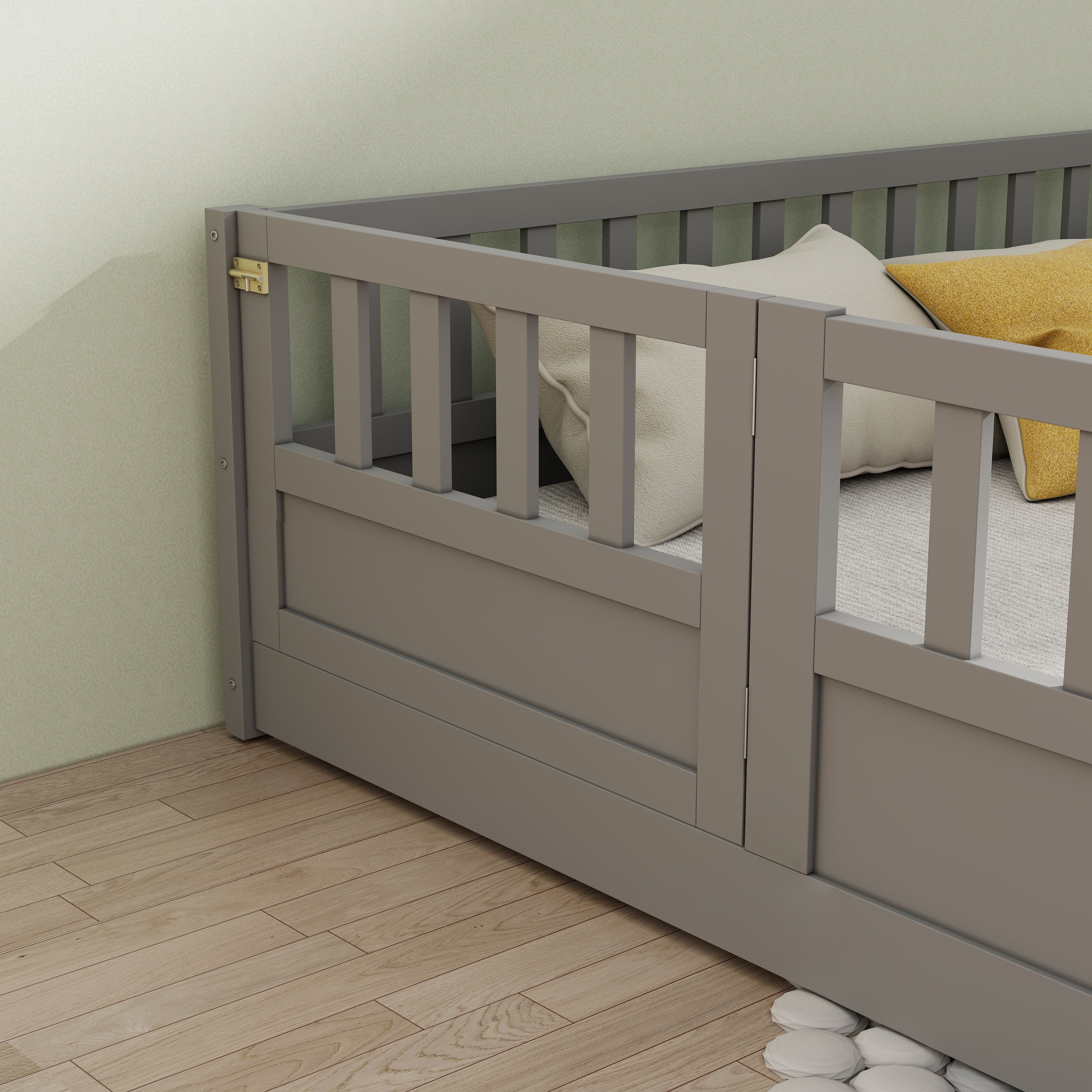 Floor Bed, Low-Profile Bed Frame, Full Size Bed with High Safety Barrier, Door and Support Slats for Stability, Solid Pine Wood Construction, Grey
